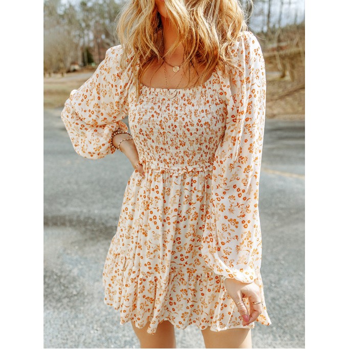 Apricot Boho Floral Smocked Puff Sleeve Mini Dress
