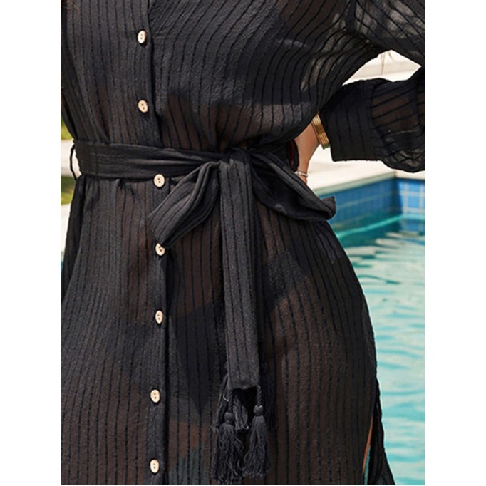 Belted Button-Front Cover-Up Shirt Dress