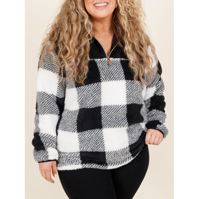 Black and white plaid patchwork zippered hoodie