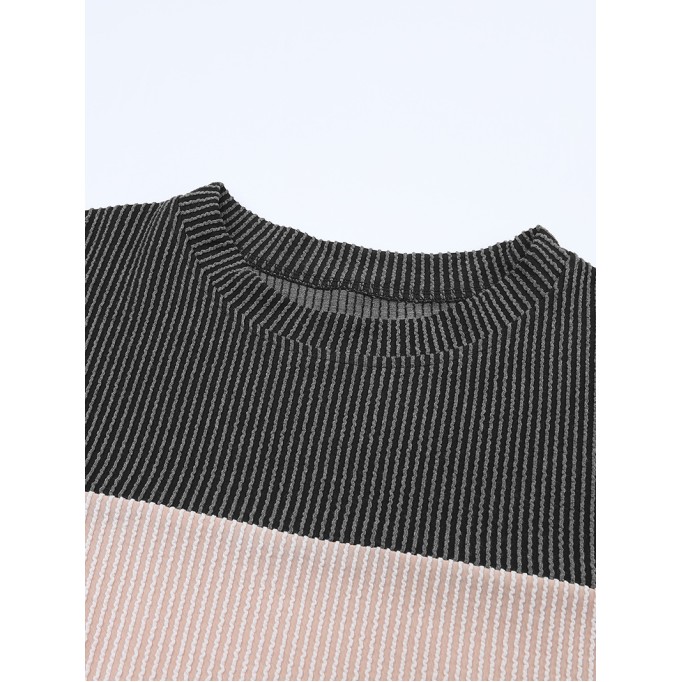 Black Color Block Long Sleeve Ribbed Loose Top