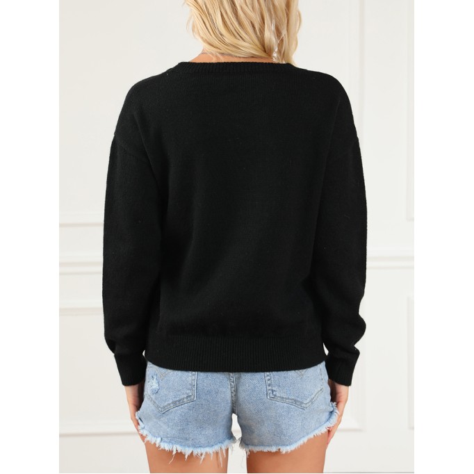 Black Holly Jolly Round Neck Casual Sweater