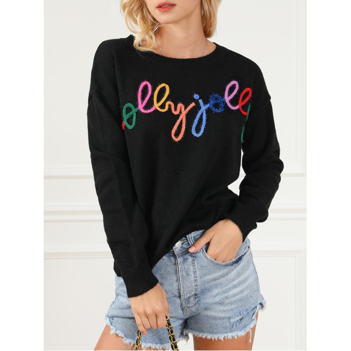 Black Holly Jolly Round Neck Casual Sweater
