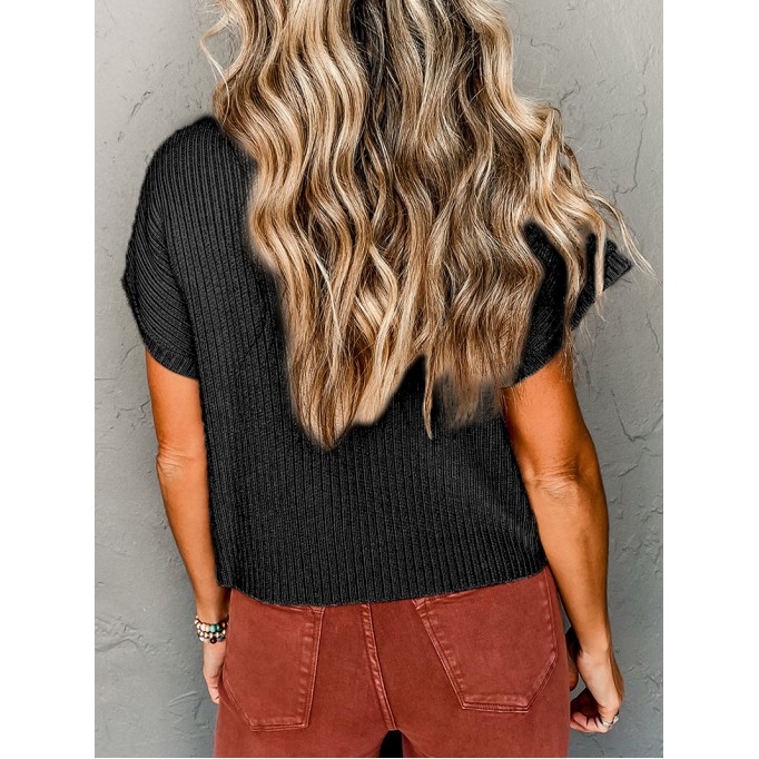 Black Patch Pocket Ribbed Knit Short Sleeve Sweater