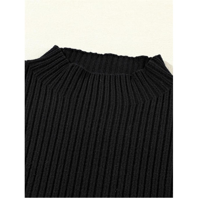 Black Patch Pocket Ribbed Knit Short Sleeve Sweater