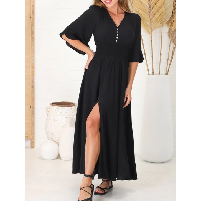 Black V-neck waist boho simple dress