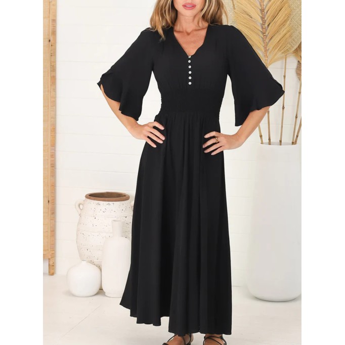 Black V-neck waist boho simple dress