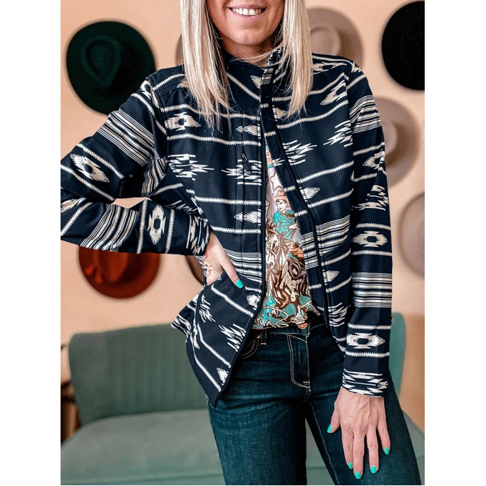Black Western Aztec Print Zipped Jacket