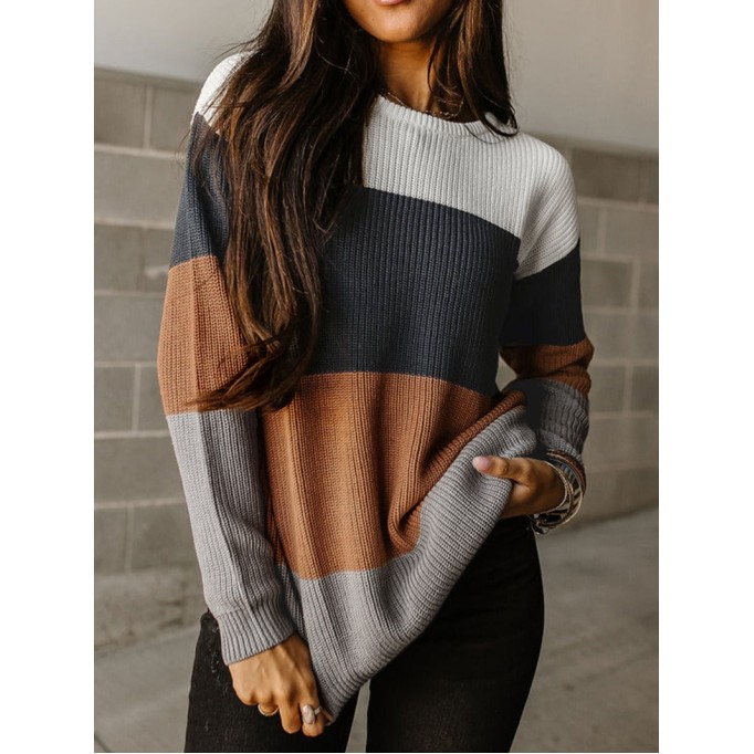 Block Knitted O-neck Pullover Sweater