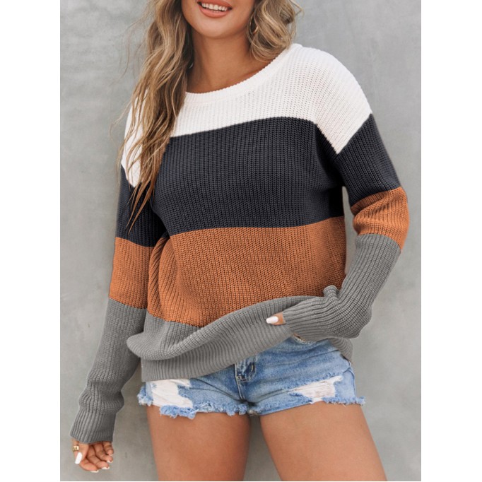 Block Knitted O-neck Pullover Sweater