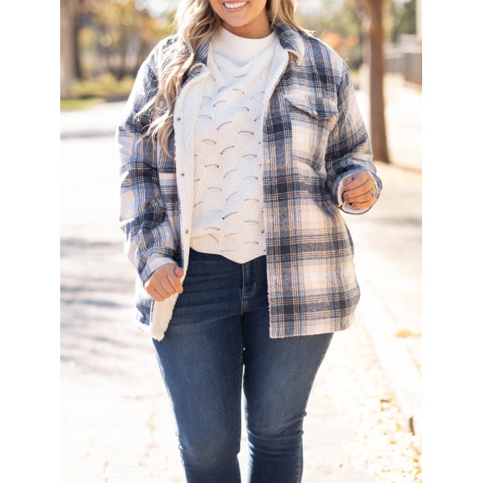 Blue plaid pattern pocket loose plush jacket