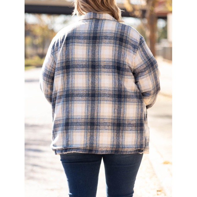 Blue plaid pattern pocket loose plush jacket