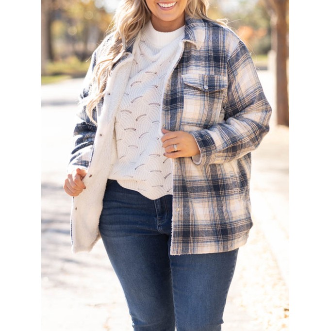 Blue plaid pattern pocket loose plush jacket