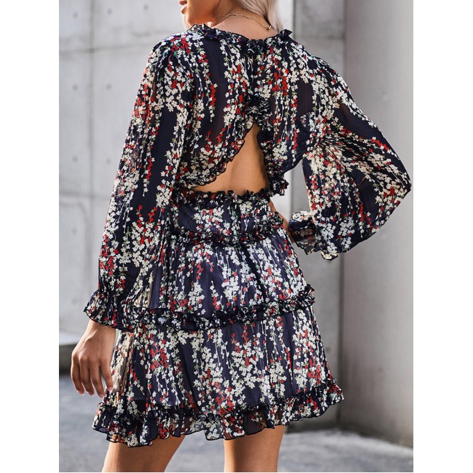 Blue Ruffle Detailing Open Back Floral Dress