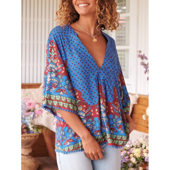 Boho V-neck position-print shirt