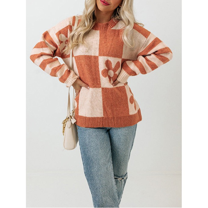 Brown Checkered Floral Print Striped Sleeve Sweater