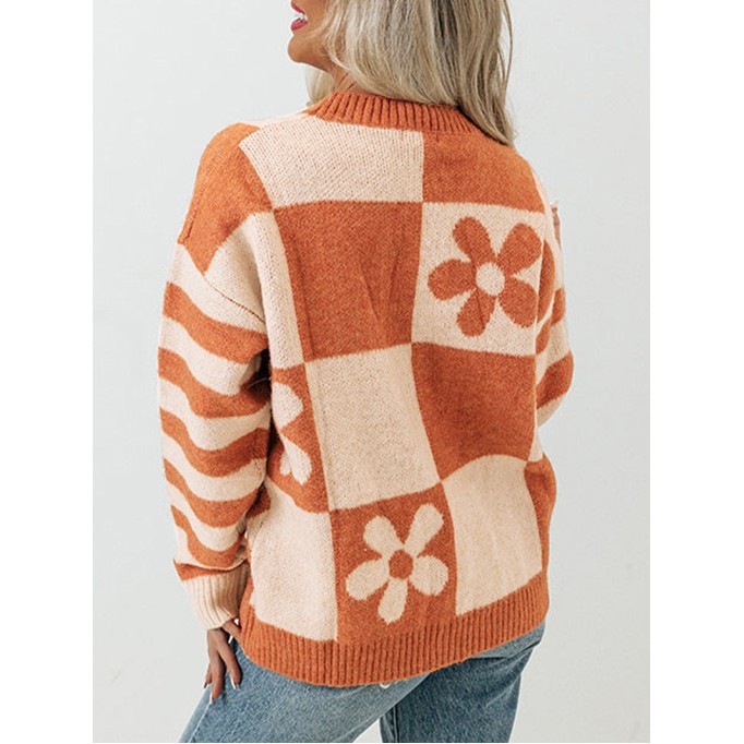 Brown Checkered Floral Print Striped Sleeve Sweater