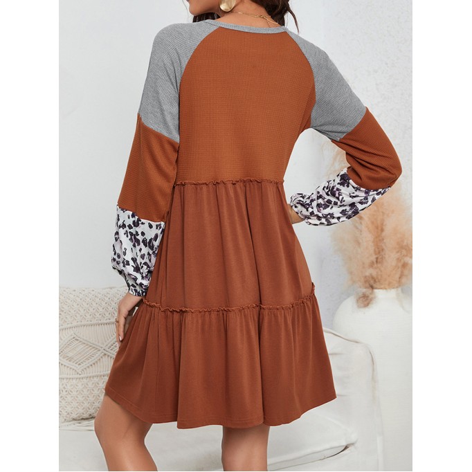 Brown Waffle Knit Leopard Patchwork Long Sleeve Dress