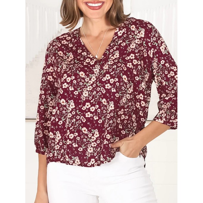 Burgundy short sleeve Bohemian floral shirt