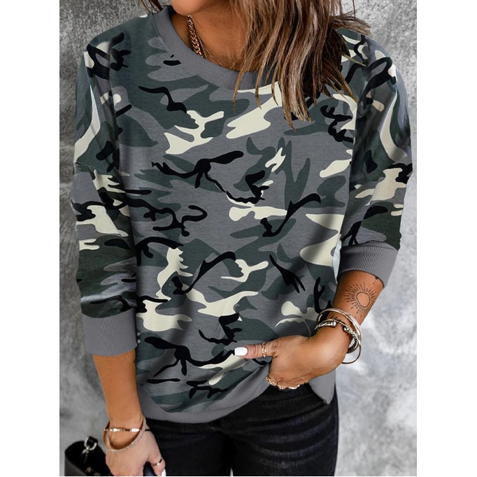 Casual camouflage print crew neck sweatshirt