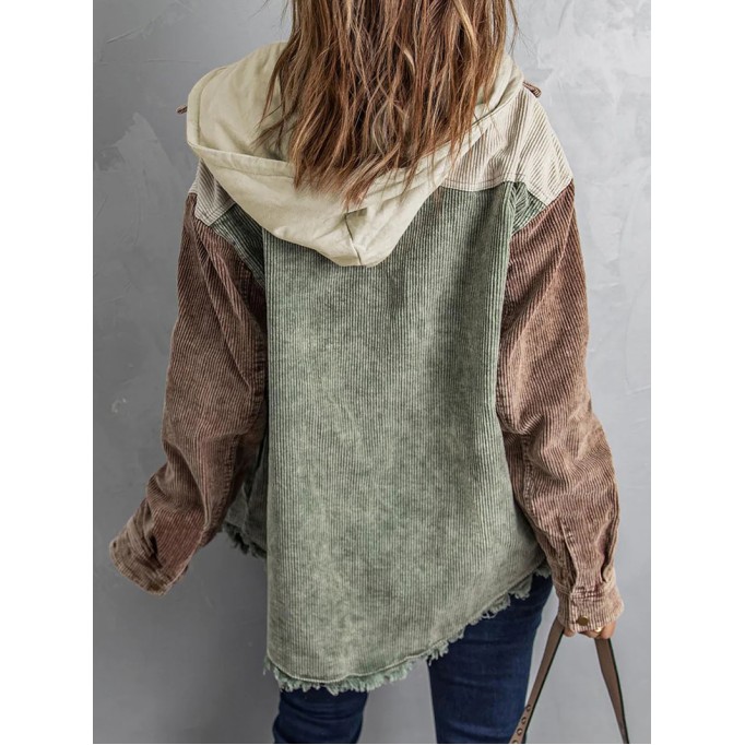 Casual color block corduroy hooded jacket