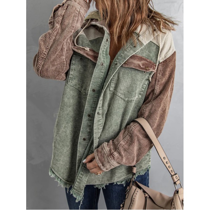 Casual color block corduroy hooded jacket