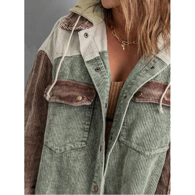 Casual color block corduroy hooded jacket