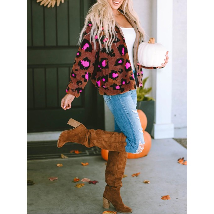 Casual contrasting leopard print sherpa jacket