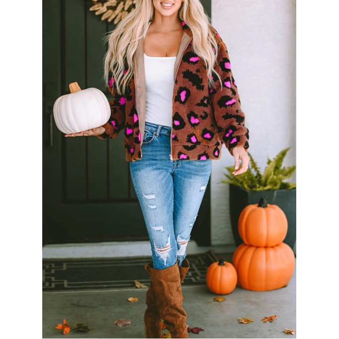 Casual contrasting leopard print sherpa jacket