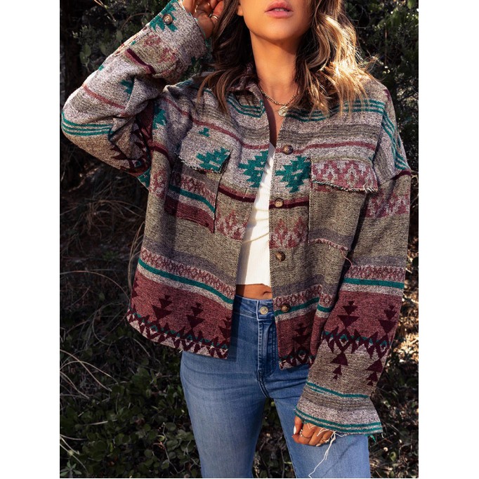 Casual contrasting retro print pocket jacket