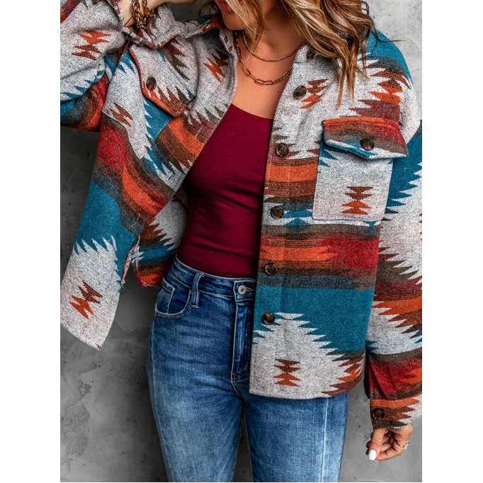 Casual ethnic print pocket long sleeve jacket