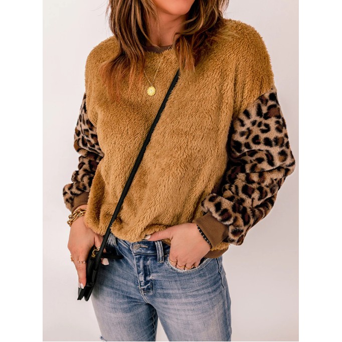Casual leopard print patchwork plush sweatshirt