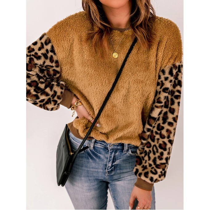Casual leopard print patchwork plush sweatshirt