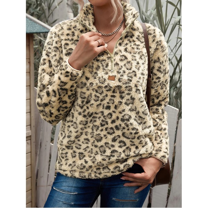casual leopard print zipper sweatshirt