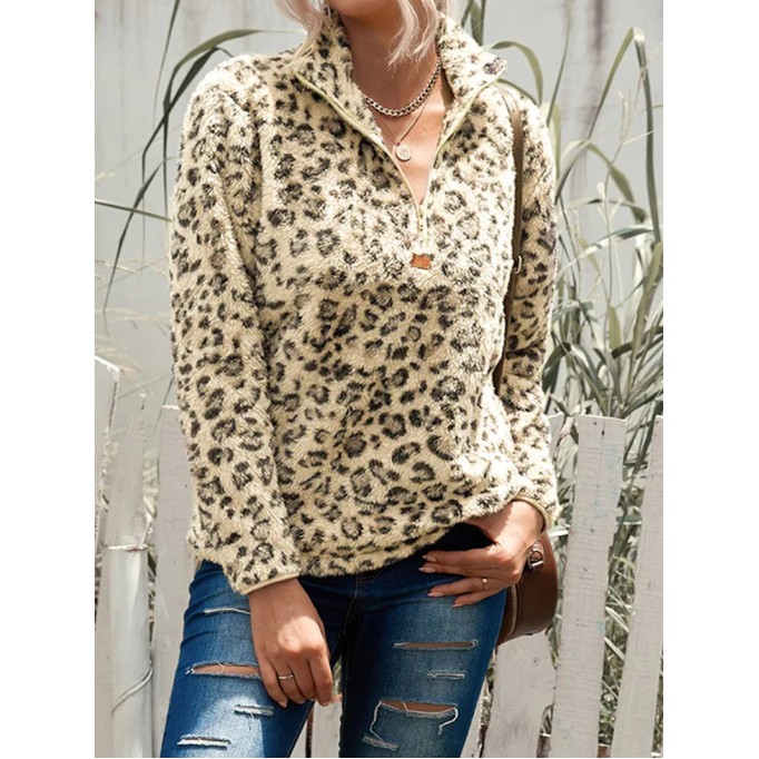 casual leopard print zipper sweatshirt