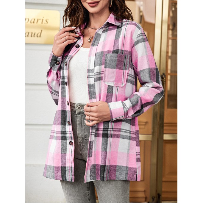 Casual Pink Plaid Single Breasted Long Sleeve Jacket