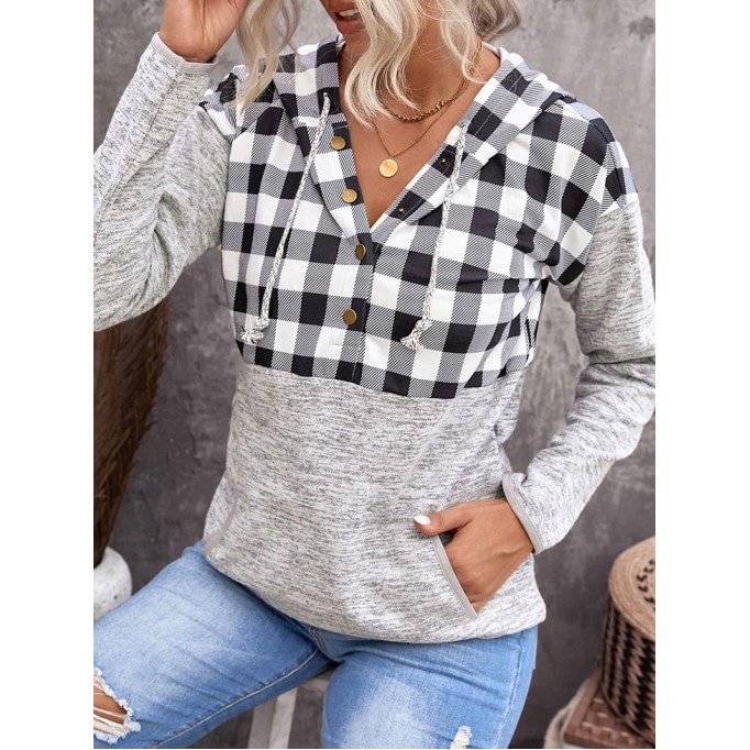 Casual plaid buttoned hooded sweatshirt