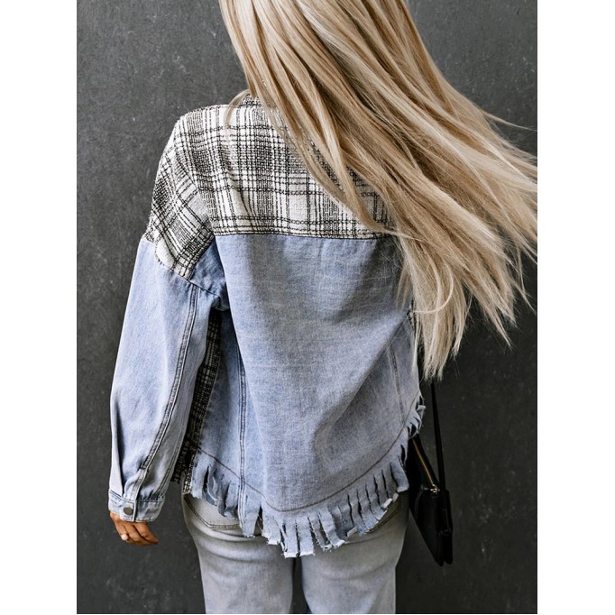 Casual plaid fringed denim jacket