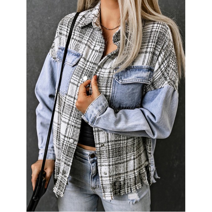 Casual plaid fringed denim jacket