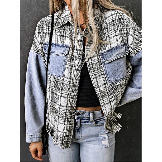 Casual plaid fringed denim jacket