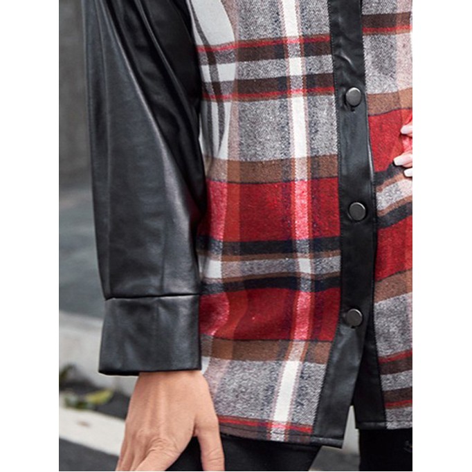 Casual plaid patchwork leather jacket
