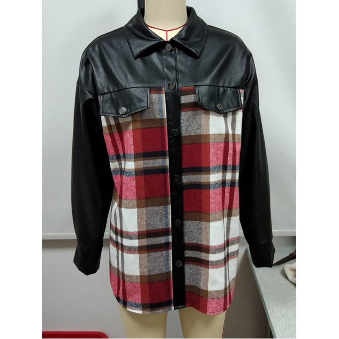 Casual plaid patchwork leather jacket