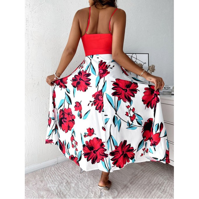 Casual printed patchwork suspender dress