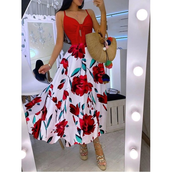 Casual printed patchwork suspender dress