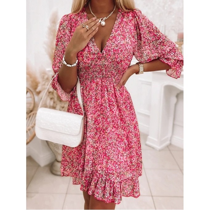 Casual printed V-neck mini dress