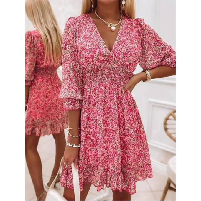 Casual printed V-neck mini dress