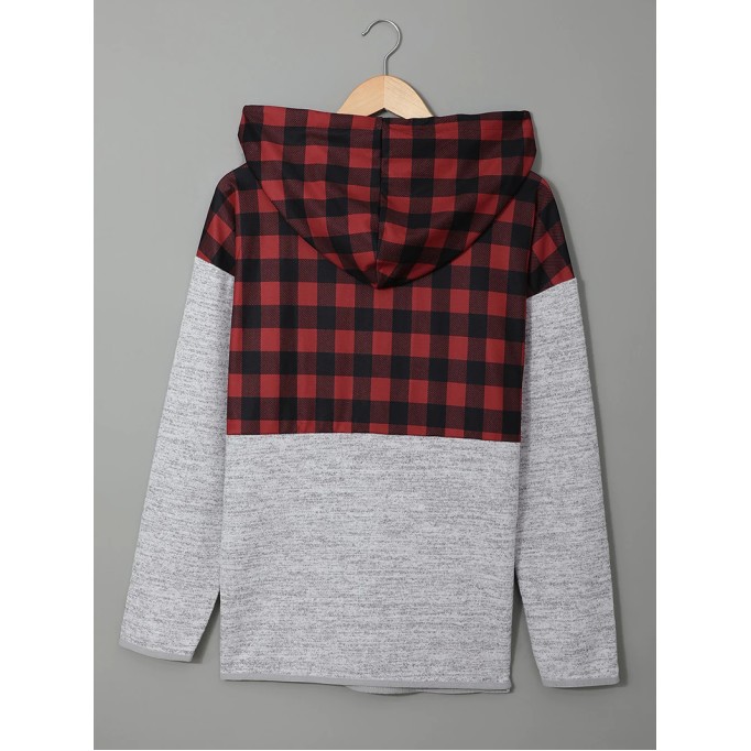 Casual red and black plaid hooded sweatshirt