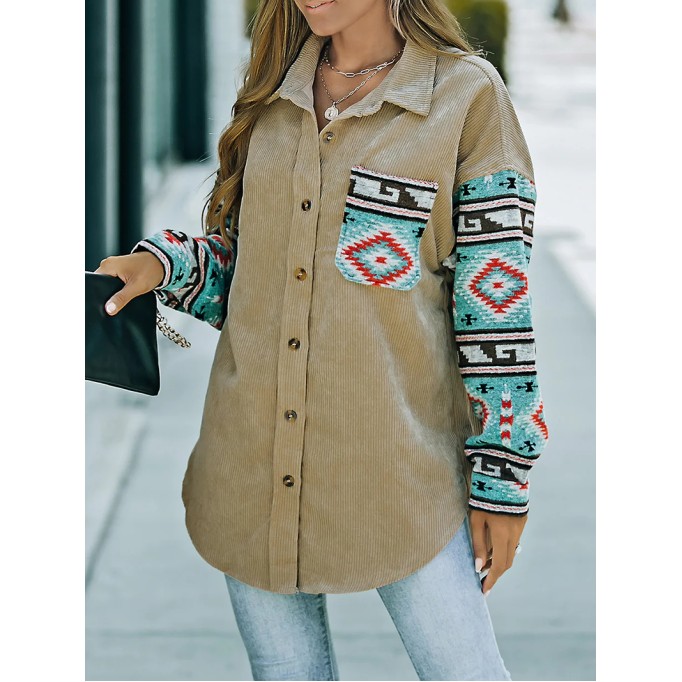 Casual retro printed patchwork corduroy jacket