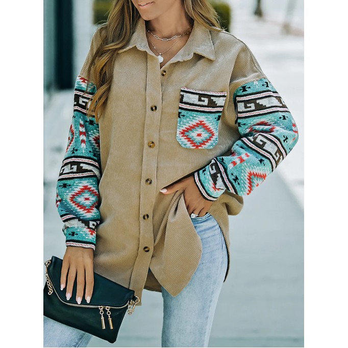 Casual retro printed patchwork corduroy jacket