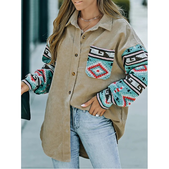 Casual retro printed patchwork corduroy jacket