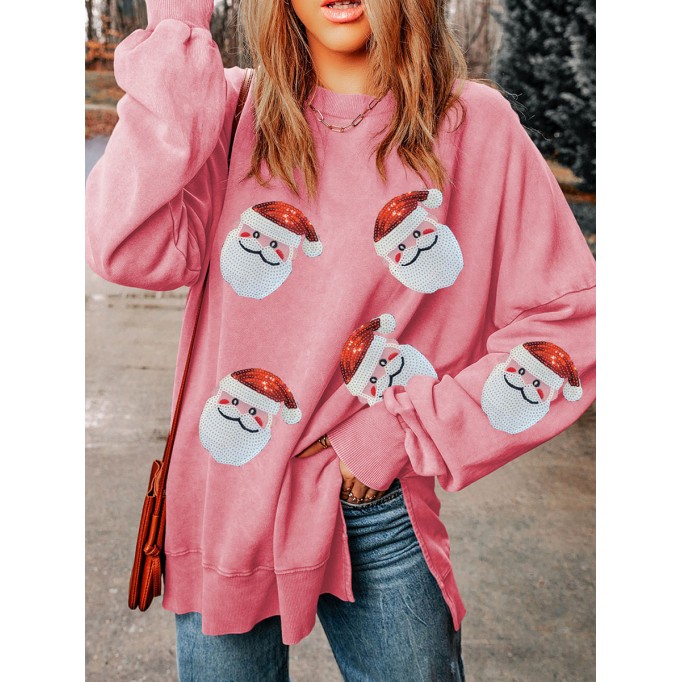 Casual Santa Claus printed pink sweatshirt